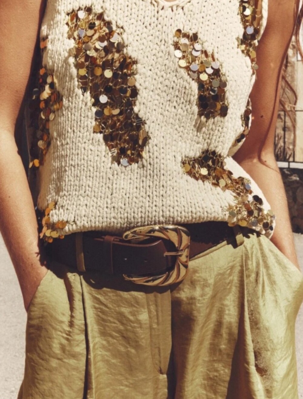 Zara Ivory Sequin Knit Vest Tank Top Gold Sequin Accents L
